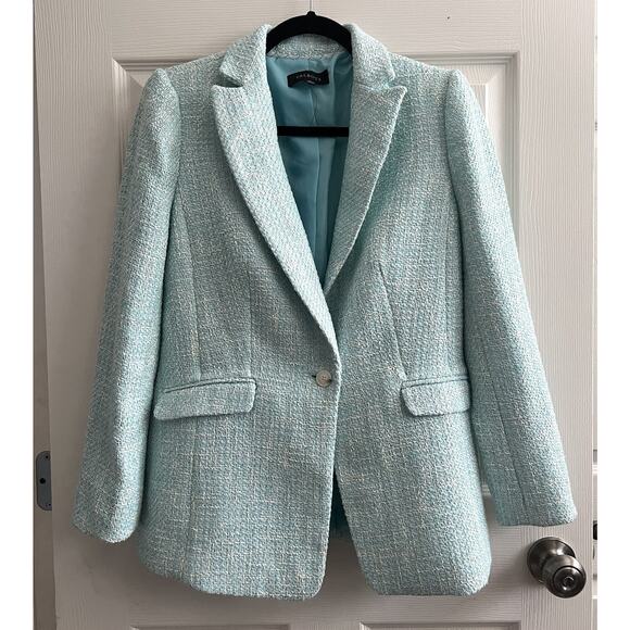 TALBOTS Women's Aqua Blue Luxe Tweed Tailored Career Blazer Jacket - Picture 4 of 14